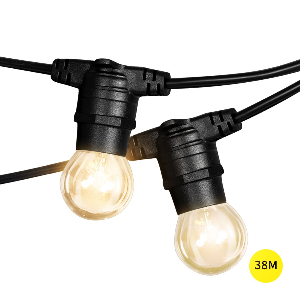 38M Emitto Festoon String Lights with warm white bulbs, perfect for outdoor and indoor decoration, showcasing waterproof design and extra bulbs.