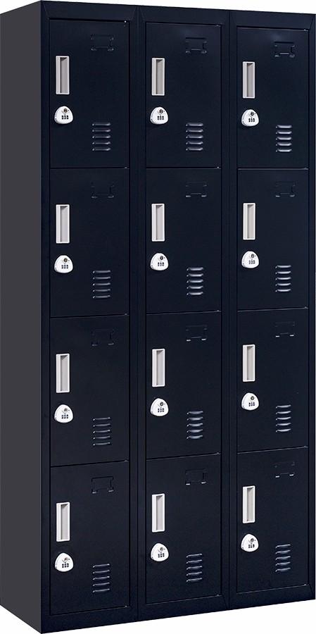 Black 3-digit combination lock 12 door locker with 12 compartments, designed for office and gym use, showcasing its durable steel construction.