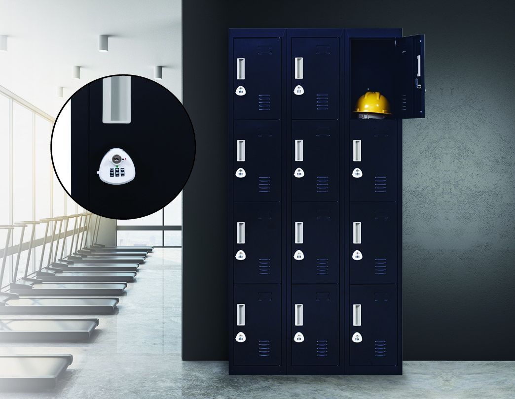 Black 3-digit combination lock 12 door locker with 12 compartments, designed for office and gym use, showcasing its durable steel construction.