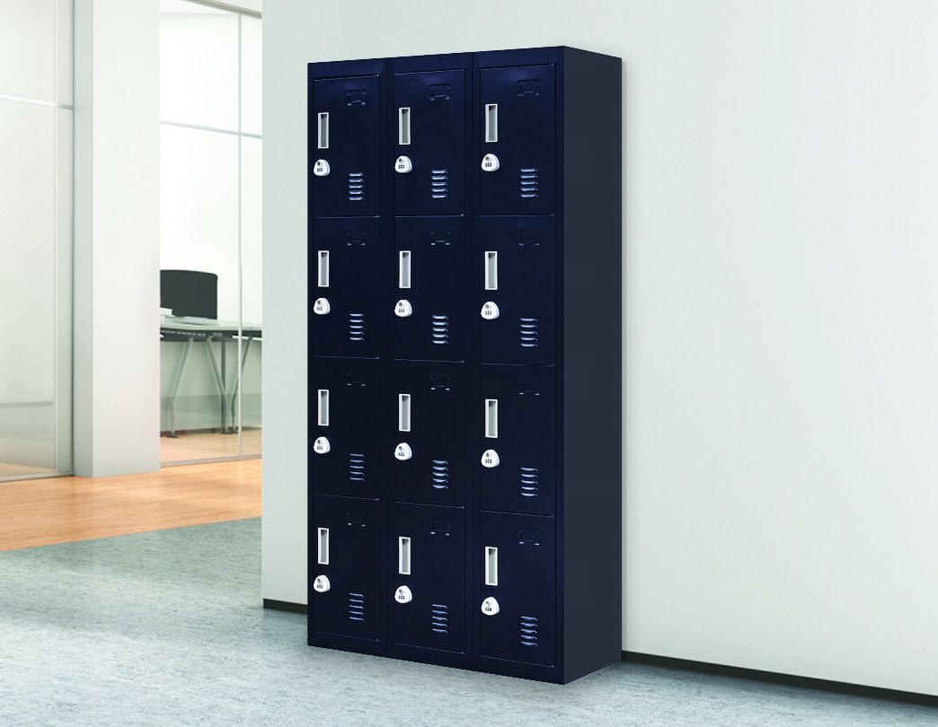 Black 3-digit combination lock 12 door locker with 12 compartments, designed for office and gym use, showcasing its durable steel construction.