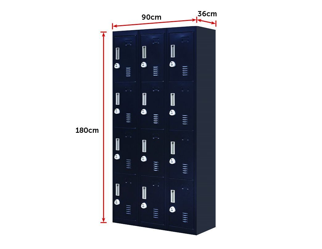 Black 3-digit combination lock 12 door locker with 12 compartments, designed for office and gym use, showcasing its durable steel construction.