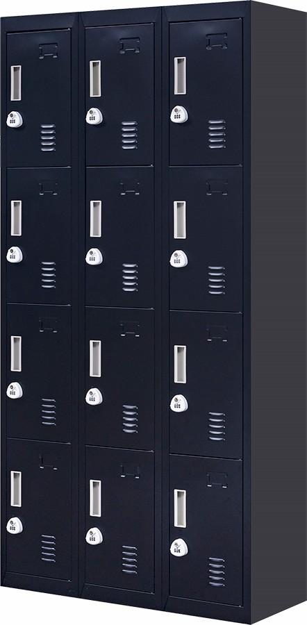 Black 3-digit combination lock 12 door locker with 12 compartments, designed for office and gym use, showcasing its durable steel construction.