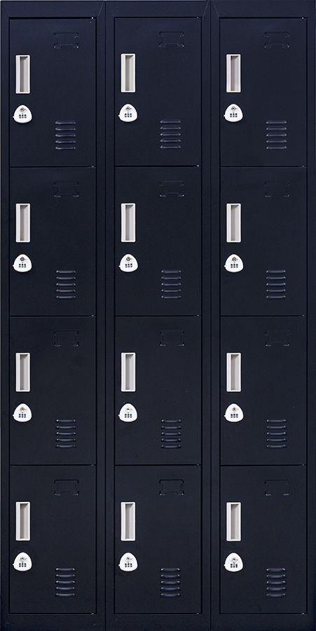 Black 3-digit combination lock 12 door locker with 12 compartments, designed for office and gym use, showcasing its durable steel construction.
