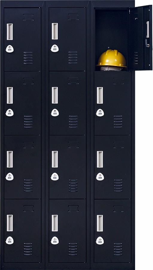 Black 3-digit combination lock 12 door locker with 12 compartments, designed for office and gym use, showcasing its durable steel construction.