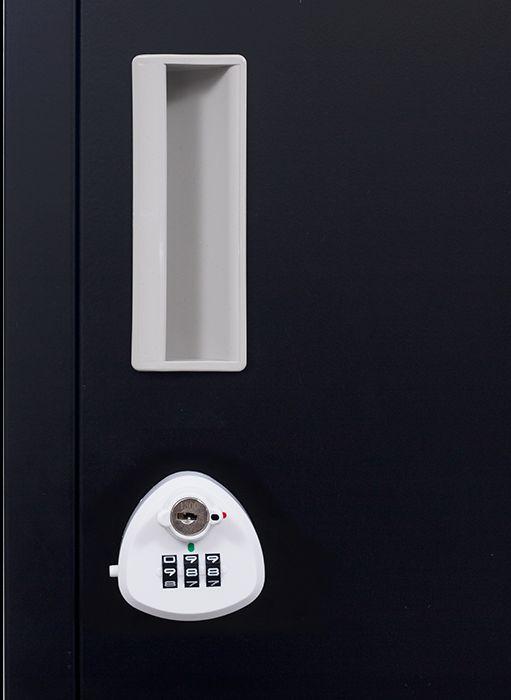 Black 3-digit combination lock 12 door locker with 12 compartments, designed for office and gym use, showcasing its durable steel construction.
