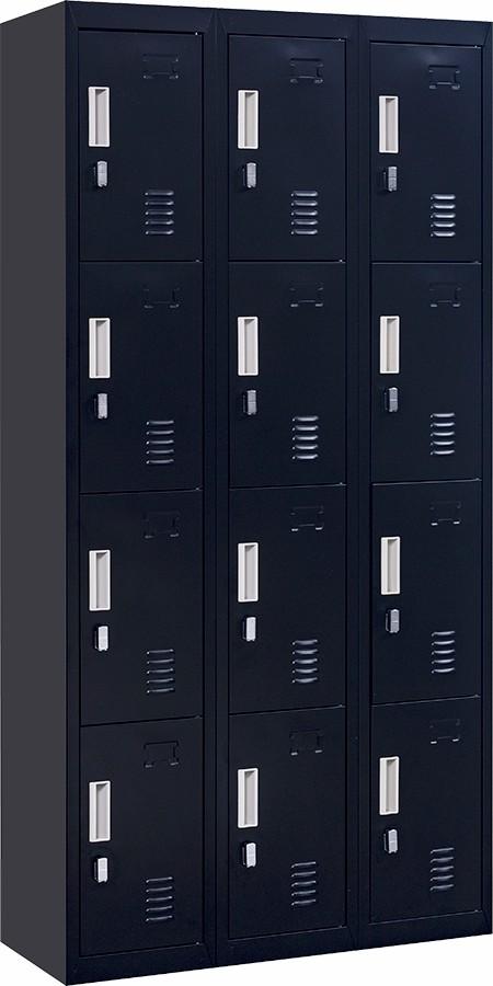 Black 3-digit combination lock 12 door locker with 12 compartments for secure storage in office or gym settings.