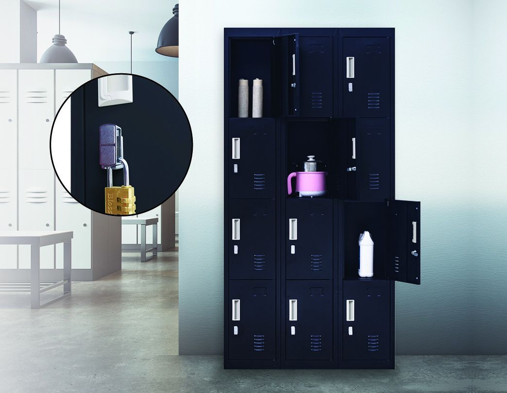 Black 3-digit combination lock 12 door locker with 12 compartments for secure storage in office or gym settings.