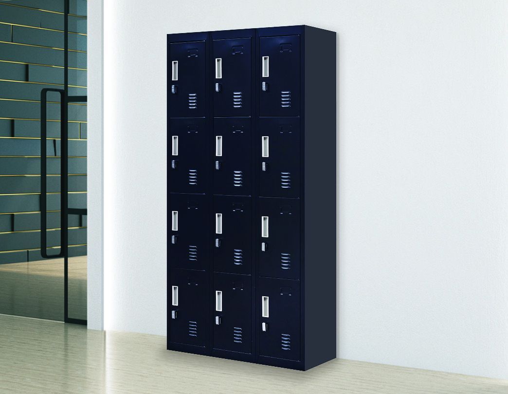 Black 3-digit combination lock 12 door locker with 12 compartments for secure storage in office or gym settings.