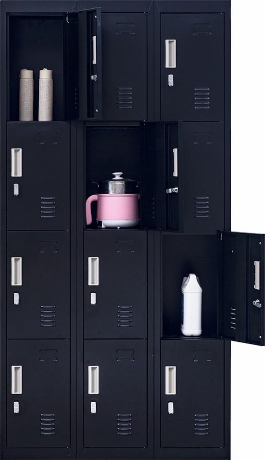 Black 3-digit combination lock 12 door locker with 12 compartments for secure storage in office or gym settings.