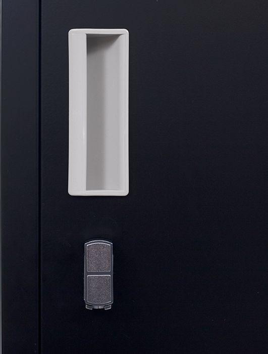 Black 3-digit combination lock 12 door locker with 12 compartments for secure storage in office or gym settings.
