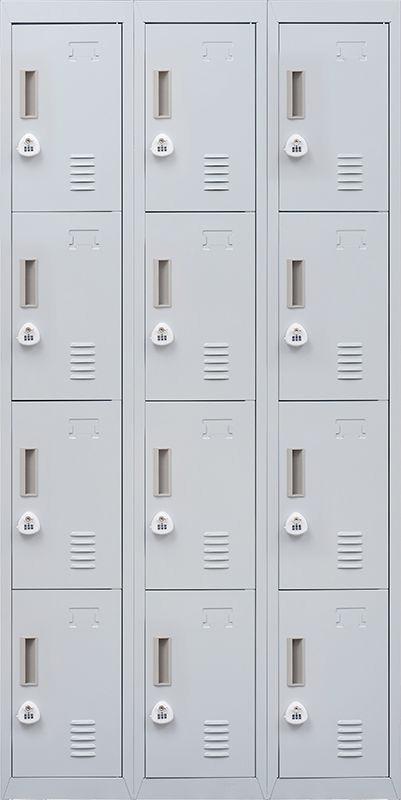Light grey 12 door locker with 3-digit combination lock, featuring multiple compartments for secure storage in office or gym settings.