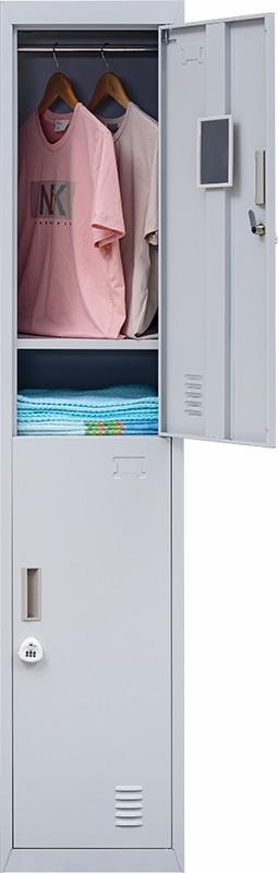 A grey 3-Digit Combination Lock 2-Door Vertical Locker, showcasing its sturdy steel construction and secure locking mechanism.