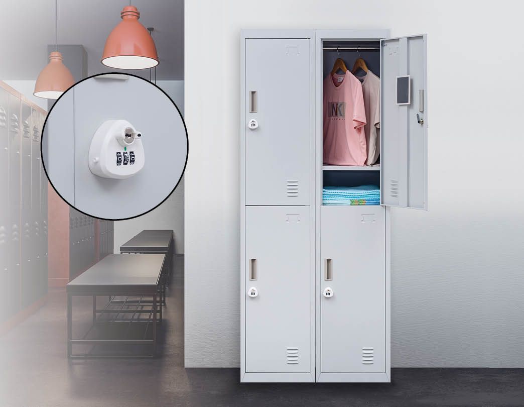 A grey 3-Digit Combination Lock 2-Door Vertical Locker, showcasing its sturdy steel construction and secure locking mechanism.