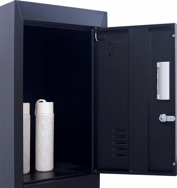Black 4-door locker with 3-digit combination lock, made of cold-rolled steel, ideal for office and gym storage.