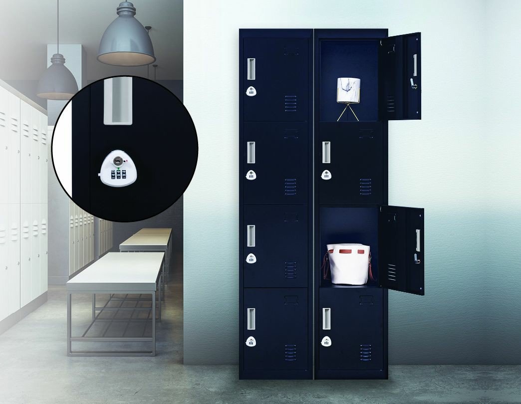 Black 4-door locker with 3-digit combination lock, made of cold-rolled steel, ideal for office and gym storage.