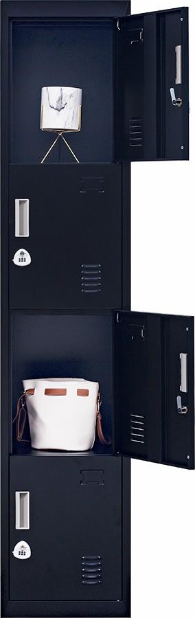 Black 4-door locker with 3-digit combination lock, made of cold-rolled steel, ideal for office and gym storage.
