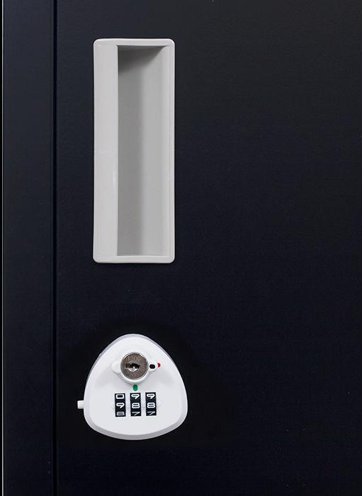Black 4-door locker with 3-digit combination lock, made of cold-rolled steel, ideal for office and gym storage.