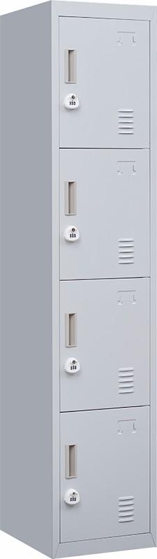 Grey 4-door locker with 3-digit combination lock, showcasing four vertically stacked compartments for secure storage.