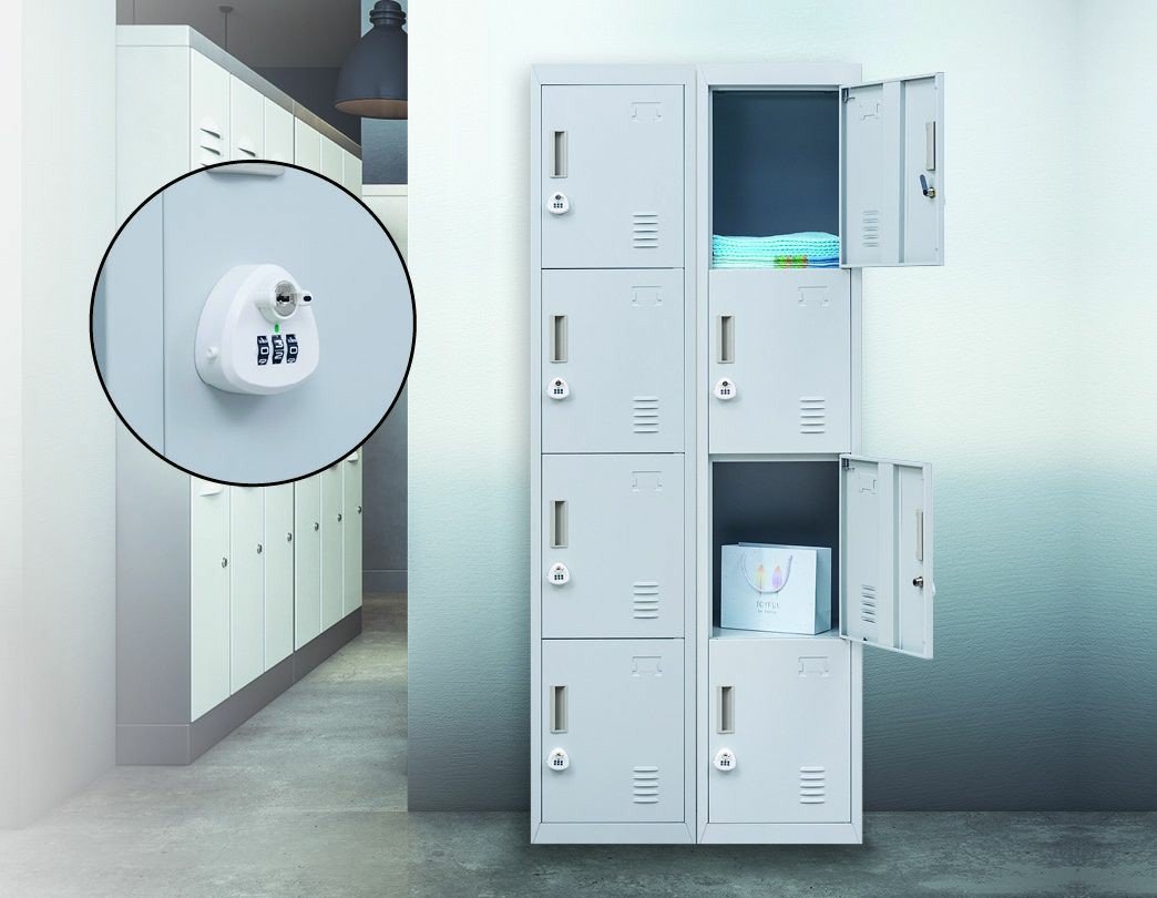 Grey 4-door locker with 3-digit combination lock, showcasing four vertically stacked compartments for secure storage.