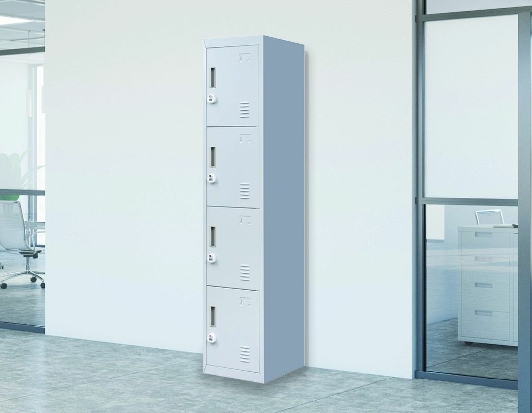 Grey 4-door locker with 3-digit combination lock, showcasing four vertically stacked compartments for secure storage.