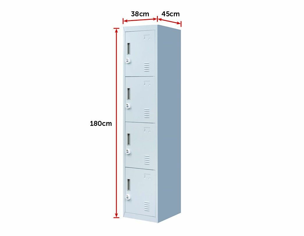 Grey 4-door locker with 3-digit combination lock, showcasing four vertically stacked compartments for secure storage.