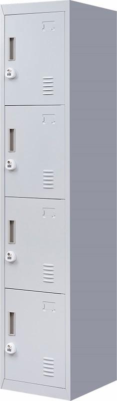 Grey 4-door locker with 3-digit combination lock, showcasing four vertically stacked compartments for secure storage.