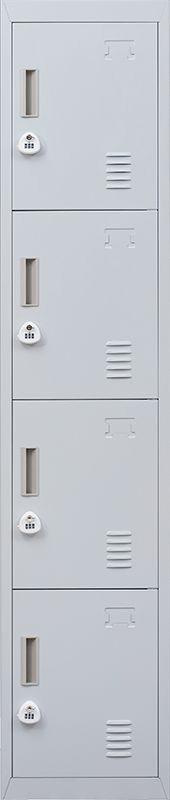 Grey 4-door locker with 3-digit combination lock, showcasing four vertically stacked compartments for secure storage.