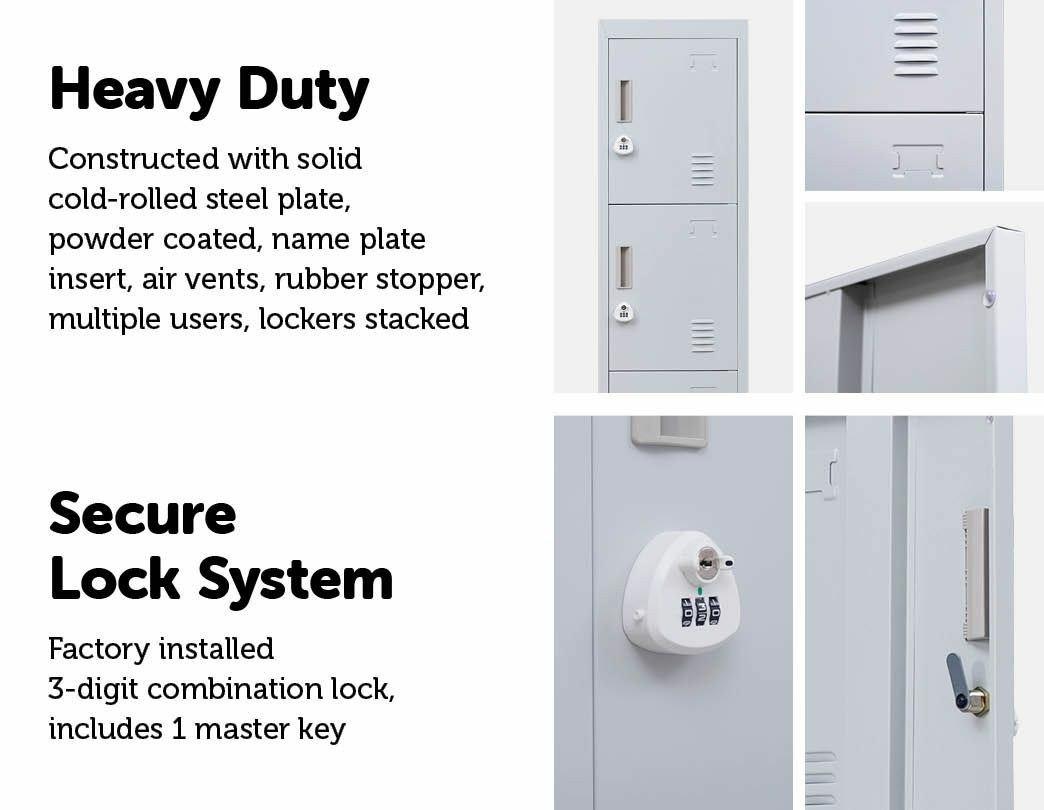 Grey 4-door locker with 3-digit combination lock, showcasing four vertically stacked compartments for secure storage.