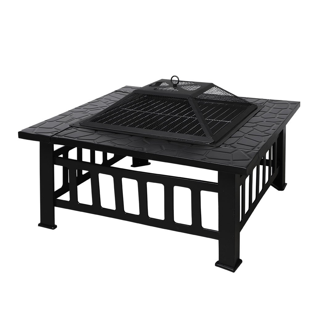 3IN1 Fire Pit BBQ Grill featuring a sleek black design, safety mesh cover, and ample grilling space, perfect for outdoor gatherings.