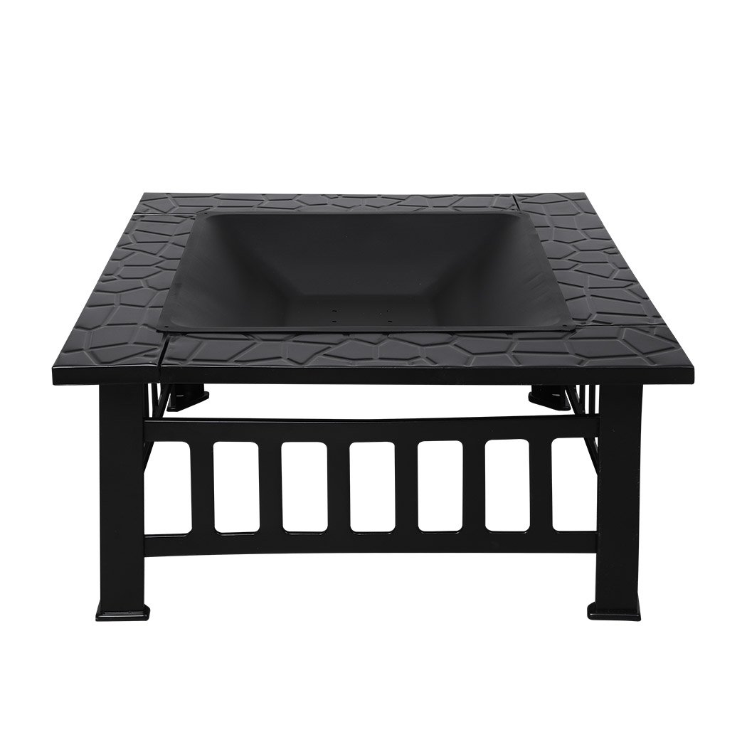3IN1 Fire Pit BBQ Grill featuring a sleek black design, safety mesh cover, and ample grilling space, perfect for outdoor gatherings.