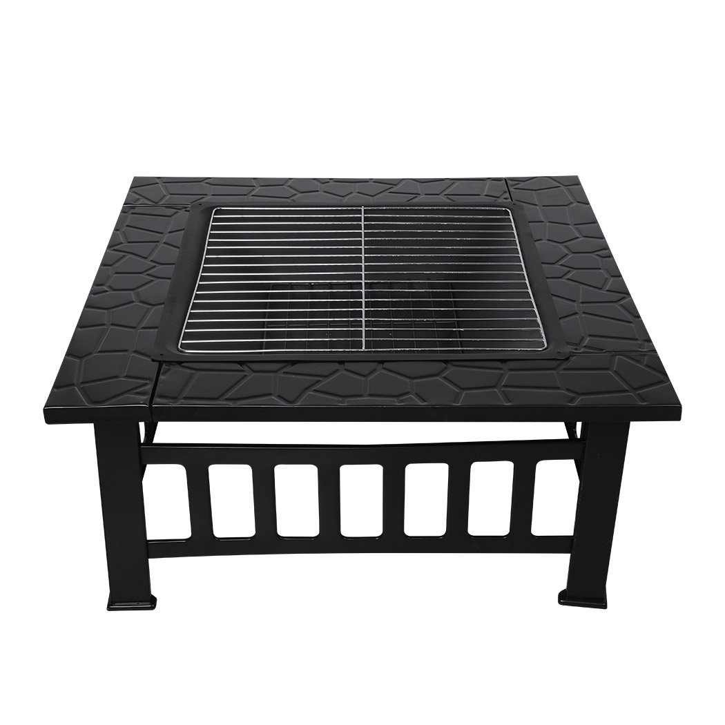 3IN1 Fire Pit BBQ Grill featuring a sleek black design, safety mesh cover, and ample grilling space, perfect for outdoor gatherings.
