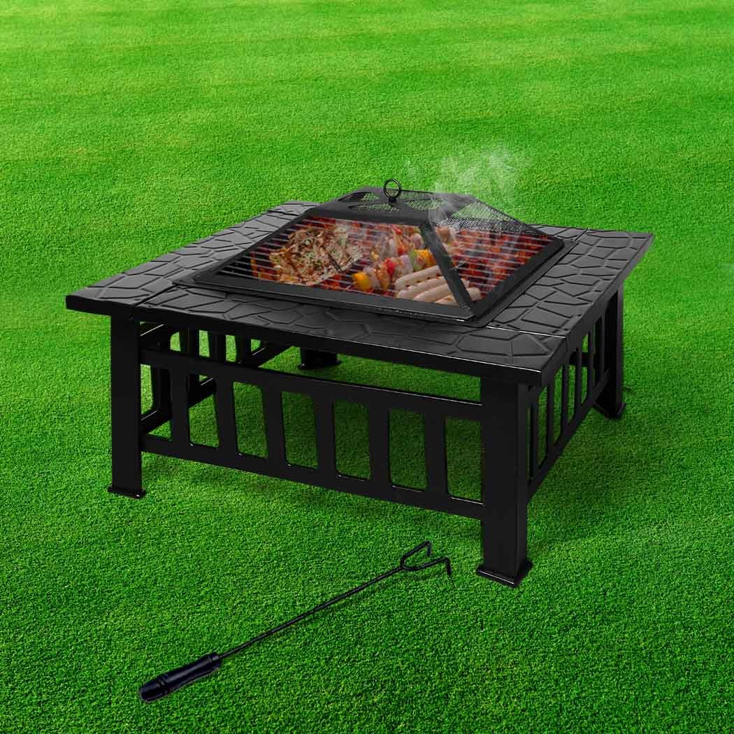 3IN1 Fire Pit BBQ Grill featuring a sleek black design, safety mesh cover, and ample grilling space, perfect for outdoor gatherings.