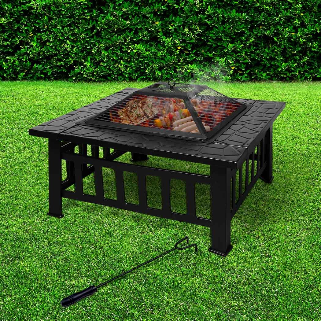 3IN1 Fire Pit BBQ Grill featuring a sleek black design, safety mesh cover, and ample grilling space, perfect for outdoor gatherings.