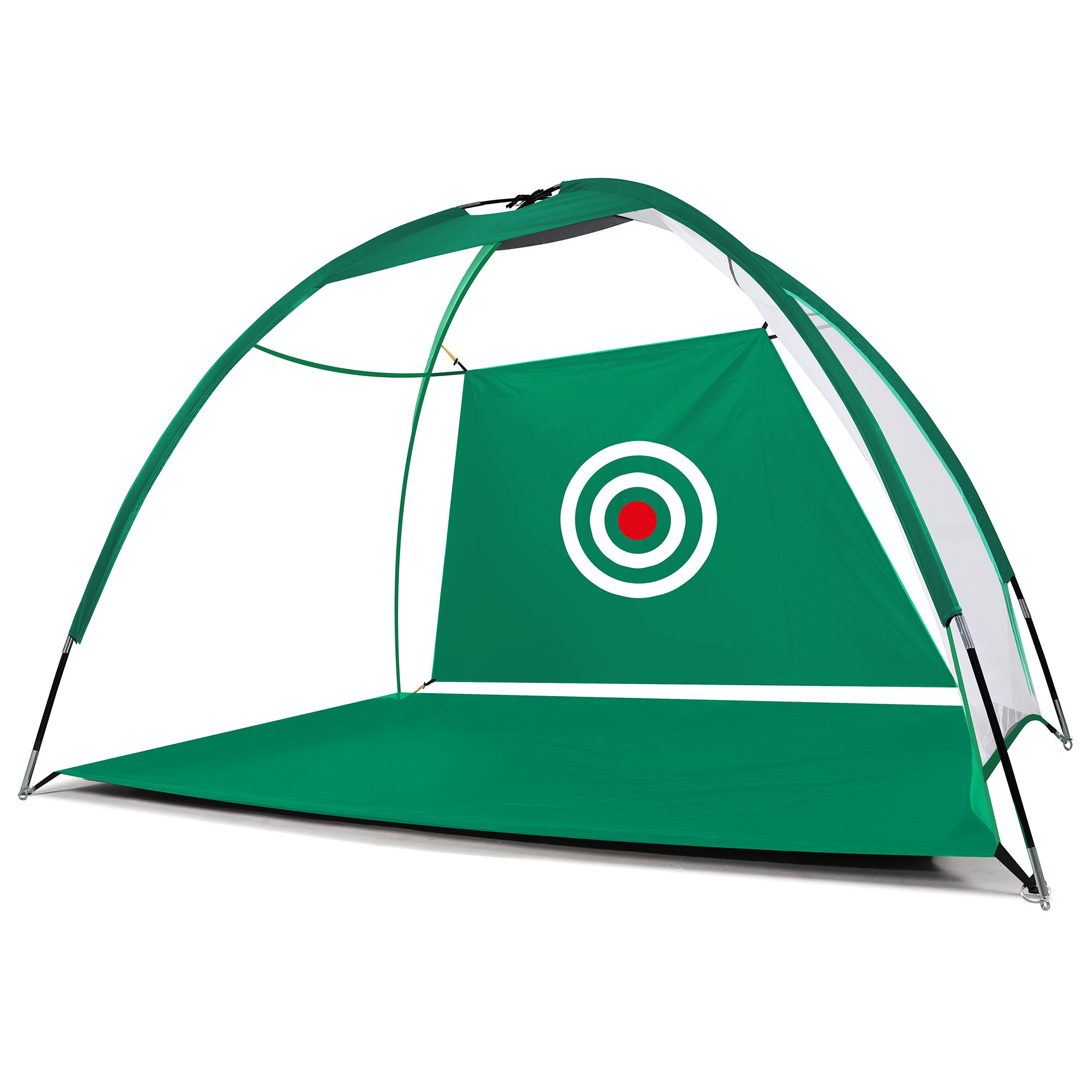 3M Golf Practice Net set up in a backyard, featuring a wide netting area and a target for golf practice.