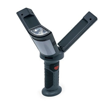3-Panel Rechargeable COB LED Work Light with adjustable panels and USB charging cable, available in red, blue, and gray.