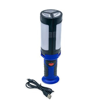 3-Panel Rechargeable COB LED Work Light with adjustable panels and USB charging cable, available in red, blue, and gray.