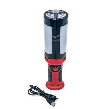 3-Panel Rechargeable COB LED Work Light with adjustable panels and USB charging cable, available in red, blue, and gray.