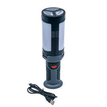3-Panel Rechargeable COB LED Work Light with adjustable panels and USB charging cable, available in red, blue, and gray.