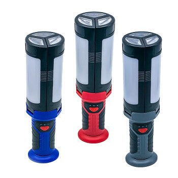 3-Panel Rechargeable COB LED Work Light with adjustable panels and USB charging cable, available in red, blue, and gray.