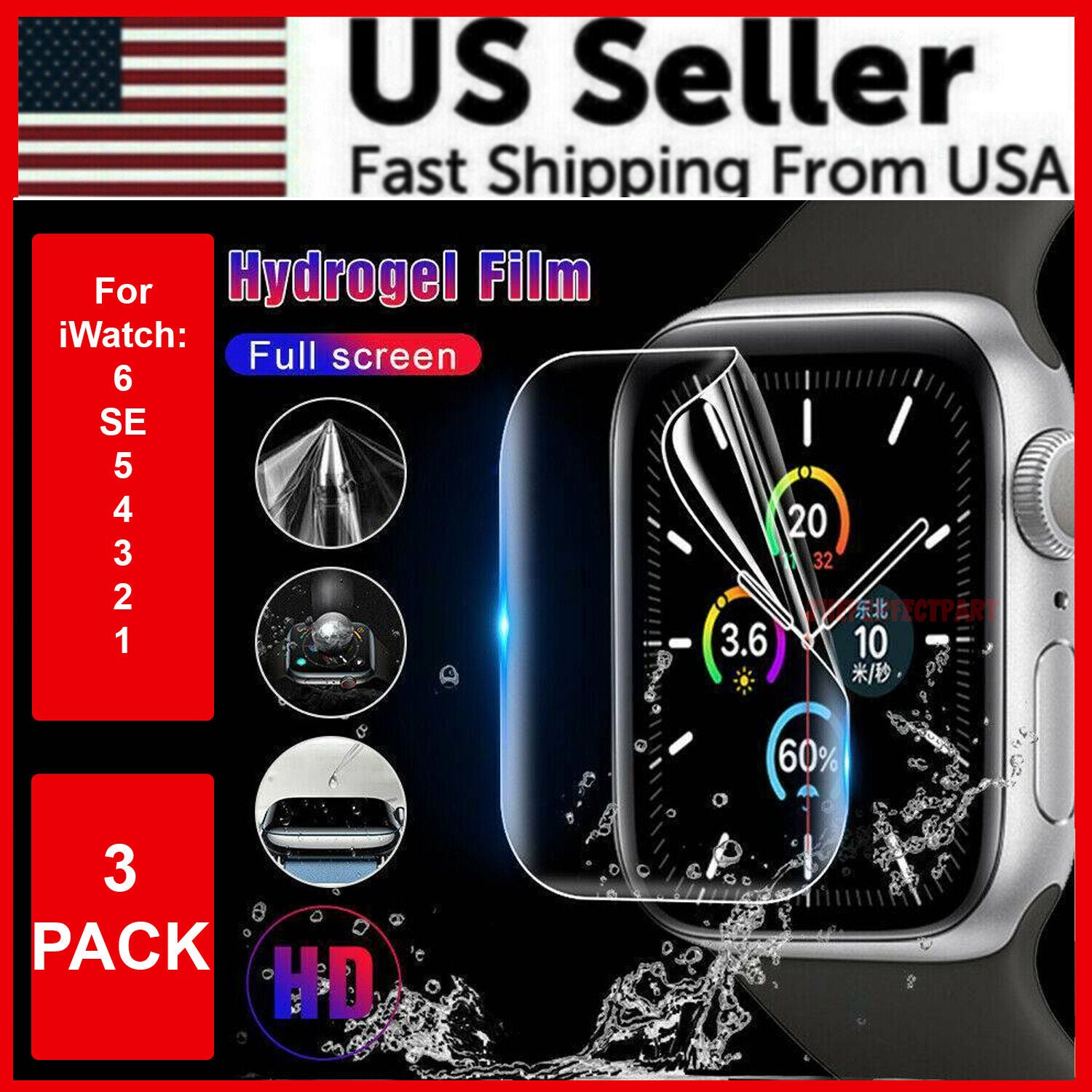 3PC TPU Hydrogel Screen Protector for Apple Watch Series 1-6, showcasing its clarity and edge-to-edge coverage.