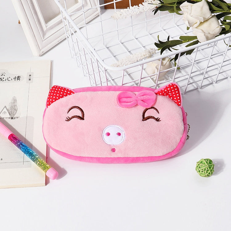 Three adorable plush pencil bags featuring cute animal designs, perfect for children's stationery storage.