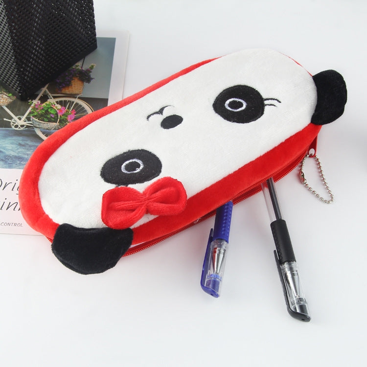 Three adorable plush pencil bags featuring cute animal designs, perfect for children's stationery storage.