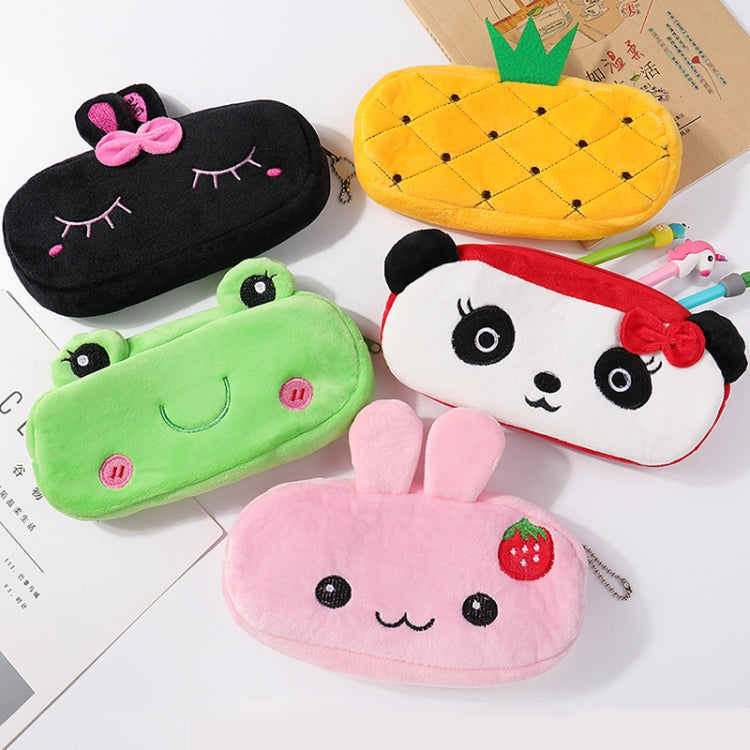 Three adorable plush pencil bags featuring cute animal designs, perfect for children's stationery storage.