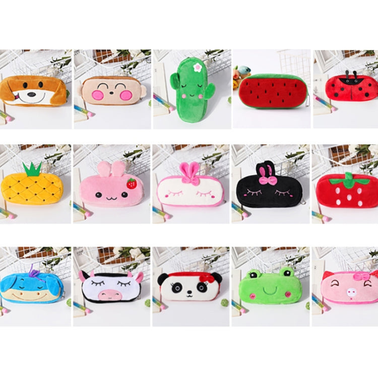 Three adorable plush pencil bags featuring cute animal designs, perfect for children's stationery storage.