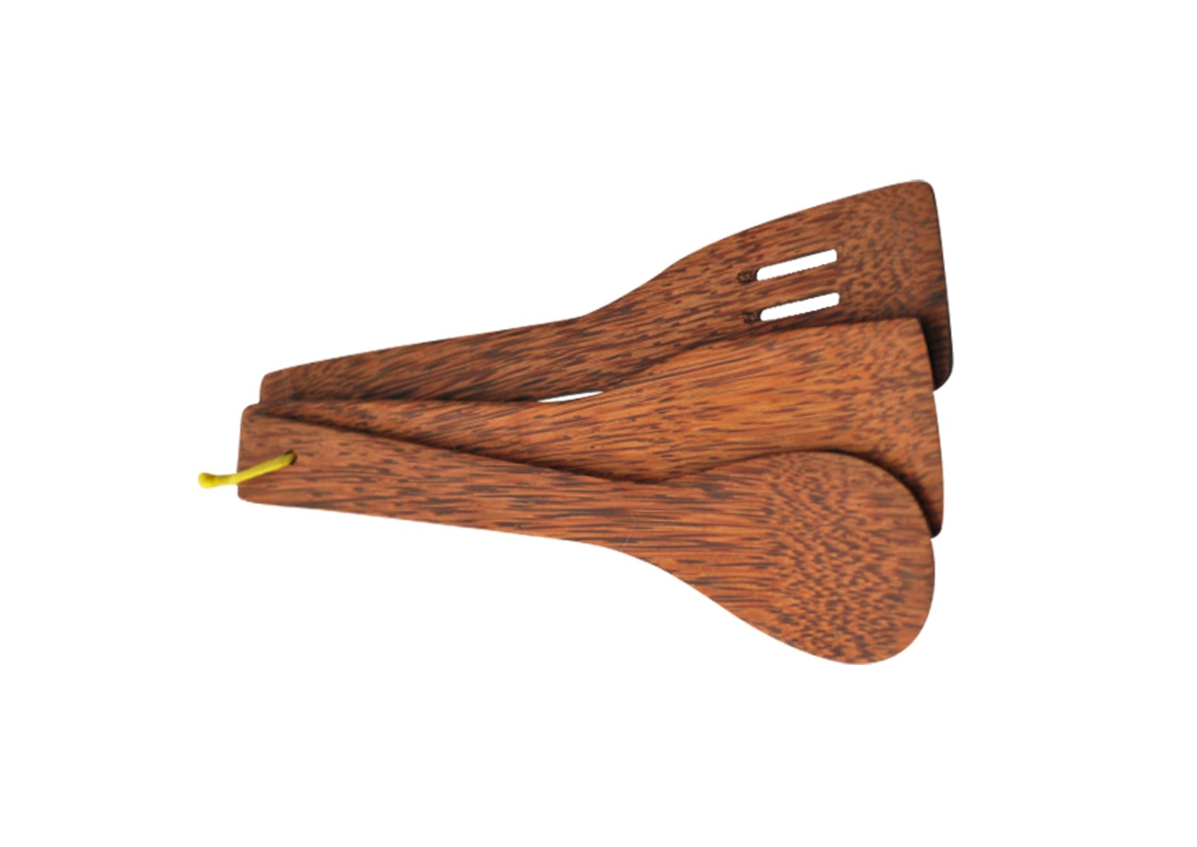 3-piece coconut wooden utensil set including spoonula, turner, and slotted turner, showcasing natural wood grain and craftsmanship.
