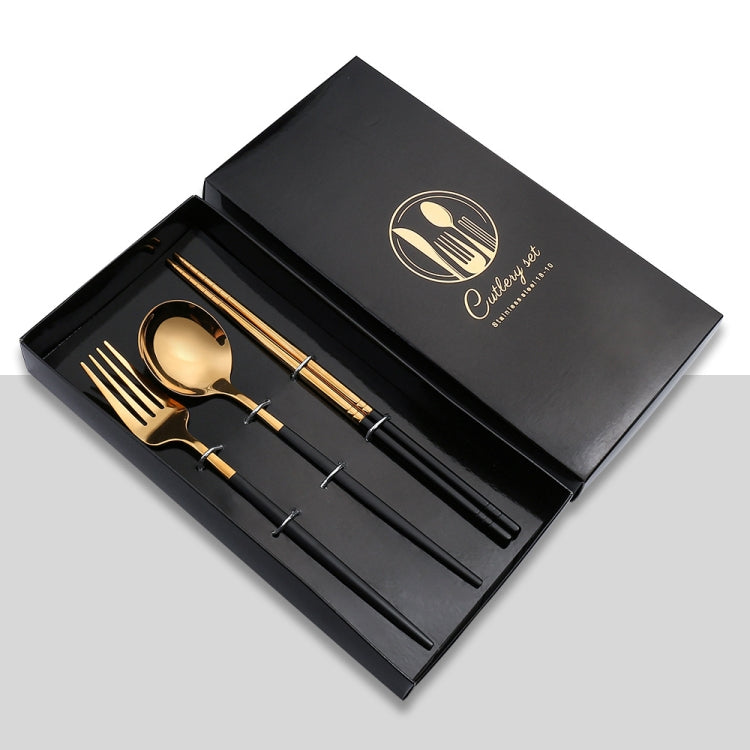 3pcs Stainless Steel Glossy Mirror Flatware Gift Set featuring a fork, spoon, and knife/chopsticks with a shiny finish.