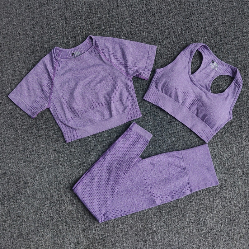 3PCS Seamless Women's Sportswear Yoga Set featuring a crop top and high waist leggings in various colors.