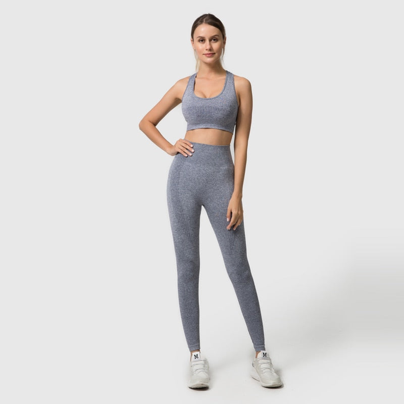 3PCS Seamless Women's Sportswear Yoga Set featuring a crop top and high waist leggings in various colors.
