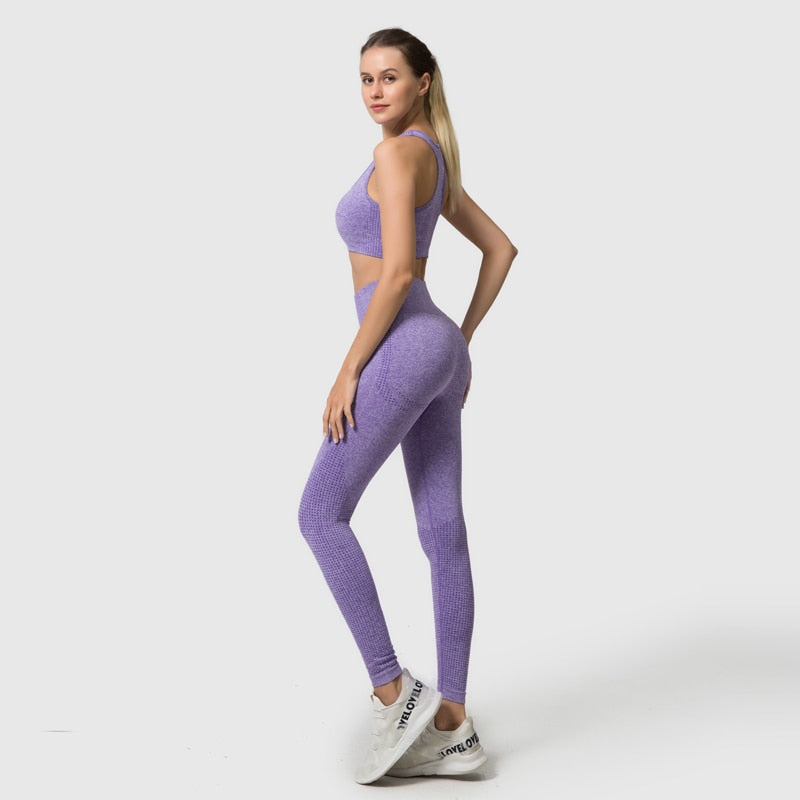 3PCS Seamless Women's Sportswear Yoga Set featuring a crop top and high waist leggings in various colors.
