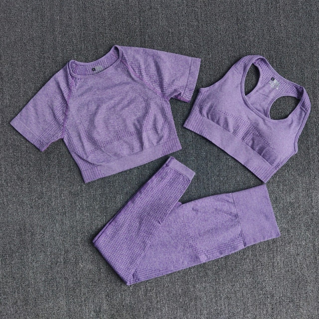 3PCS Seamless Women's Sportswear Yoga Set featuring a crop top and high waist leggings in various colors.